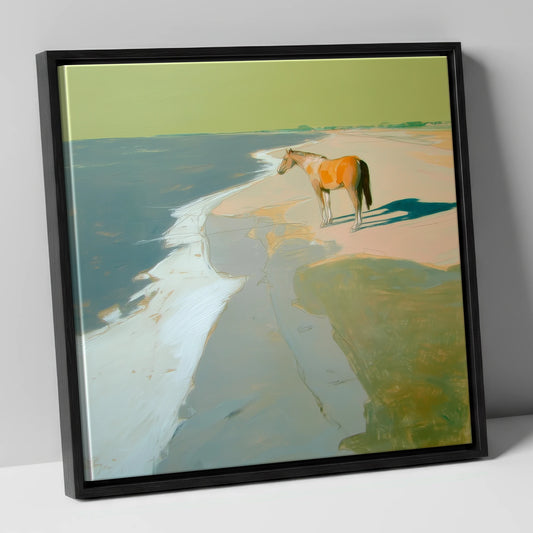 Shoreline Solitude horse landscape canvas wall art in black frame