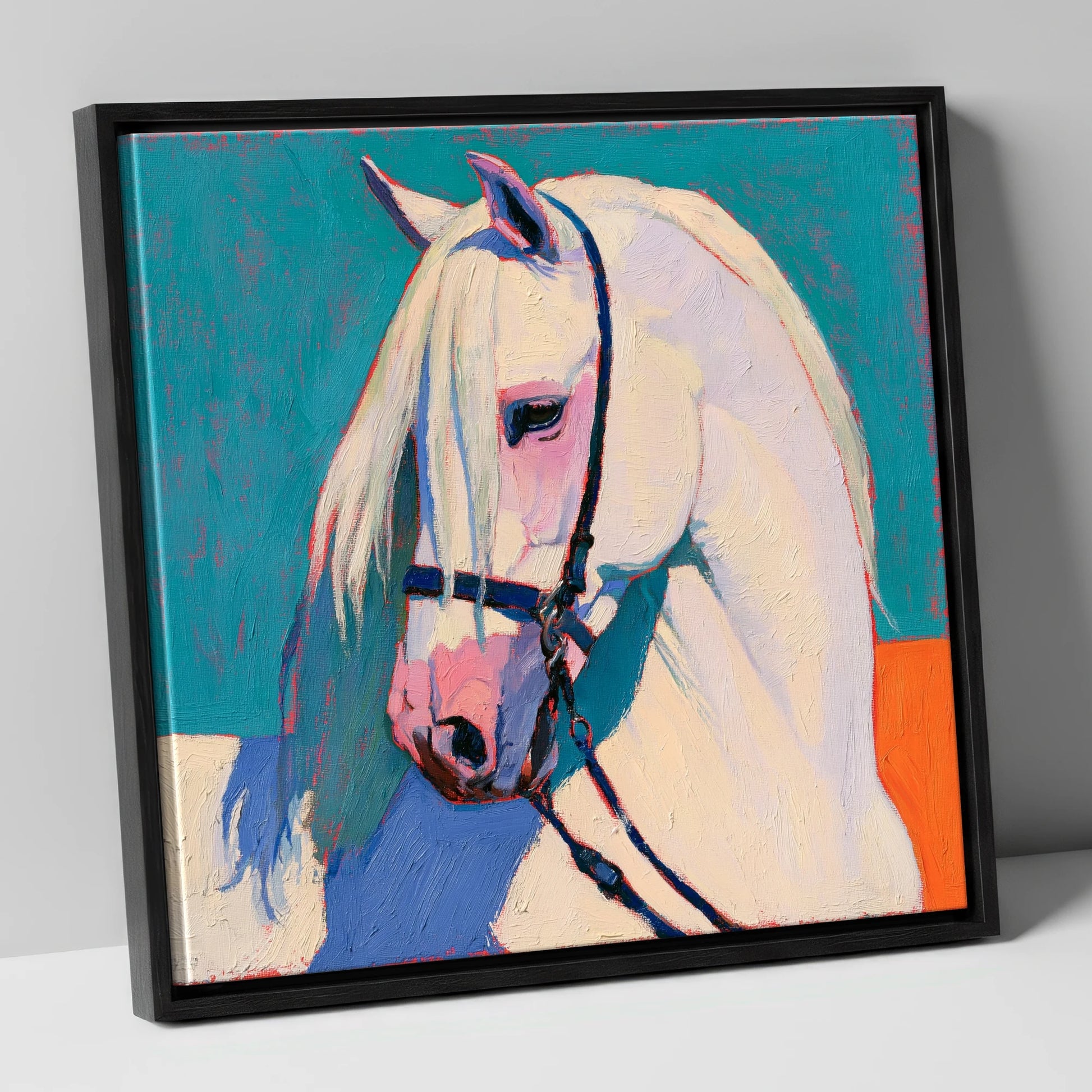 Vibrant Grey Horse on Teal horse breed canvas wall art in black frame