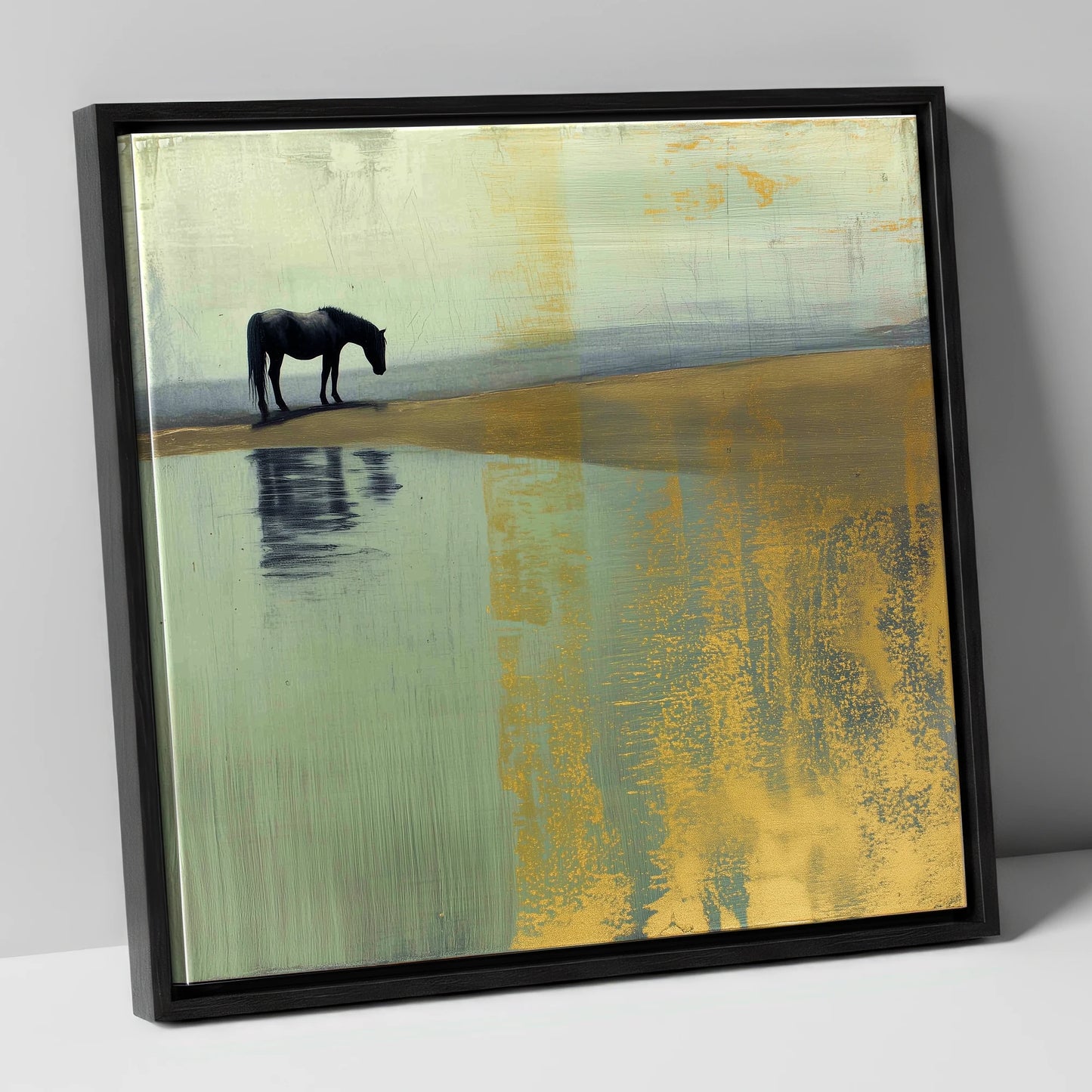 Gilded Solitude horse landscape canvas wall art in black frame