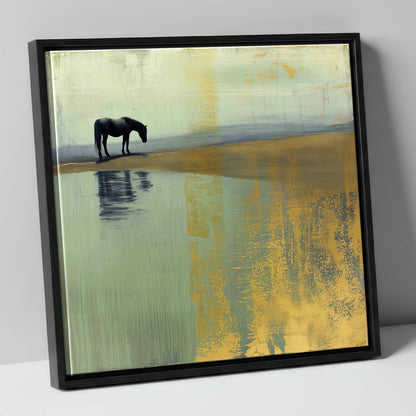Gilded Solitude horse landscape canvas wall art in black frame