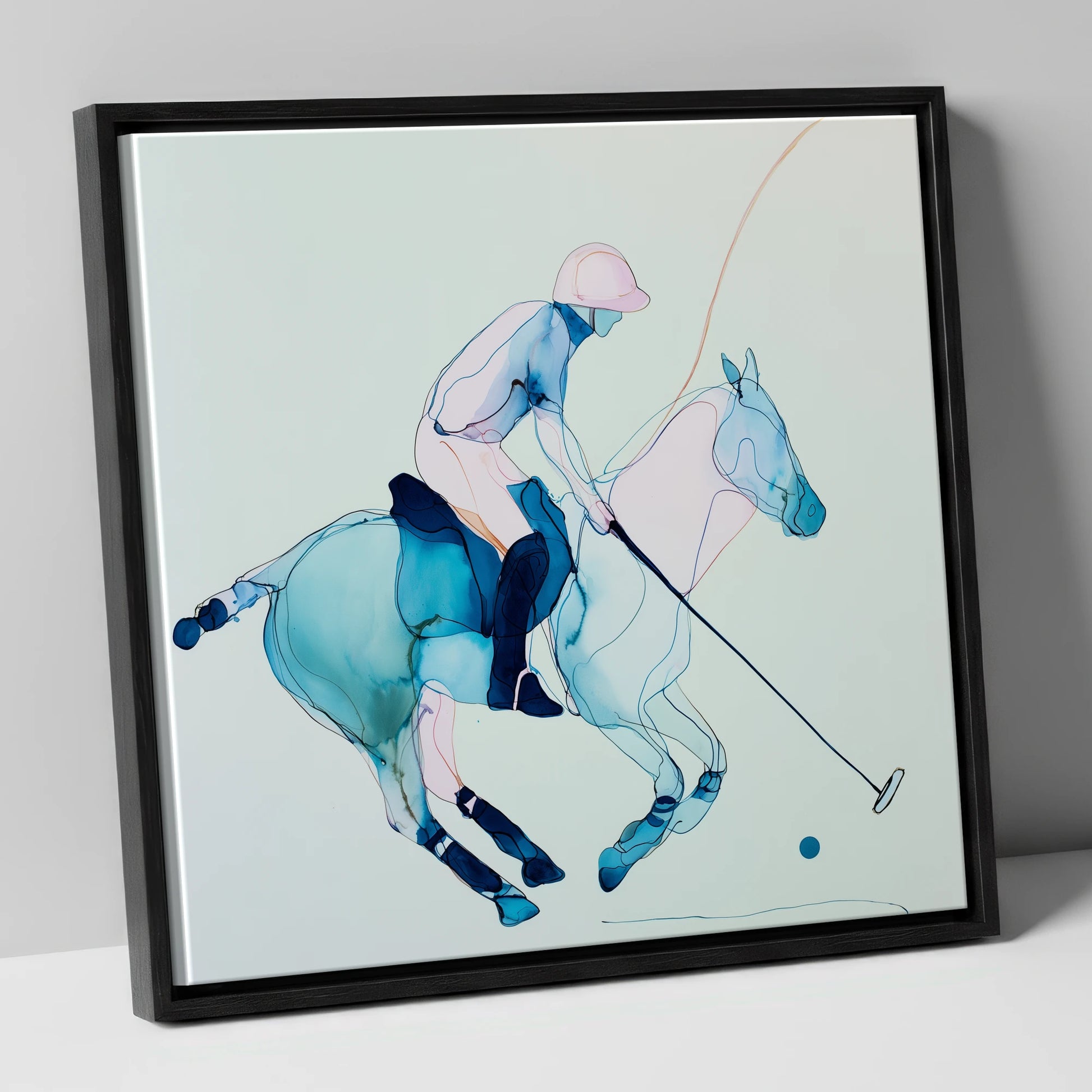 Cerulean Chukka polo horse canvas wall art in black frame