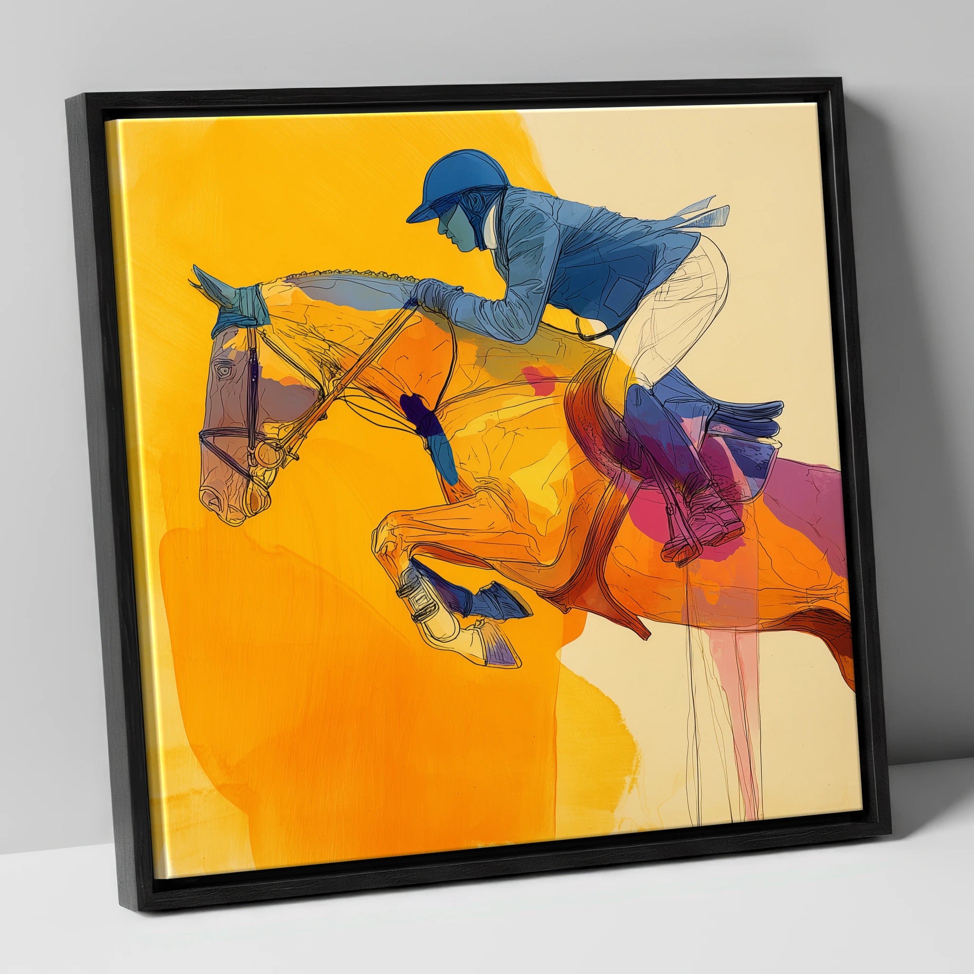 Vivid Golden Ascent show jumping horse canvas wall art in black frame