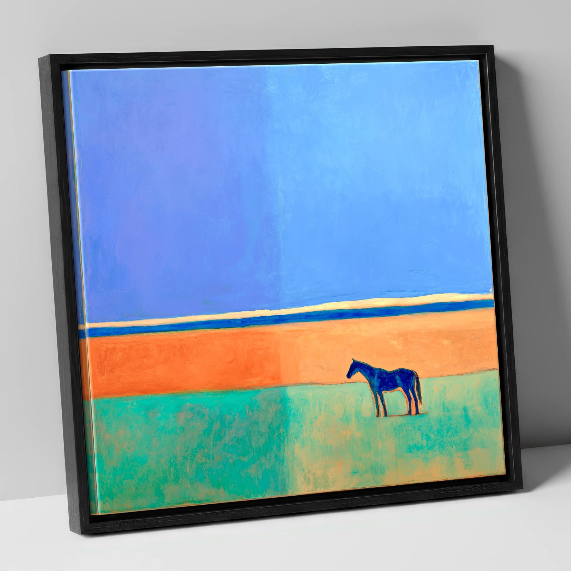 Cobalt Horizon horse landscape canvas wall art in black frame