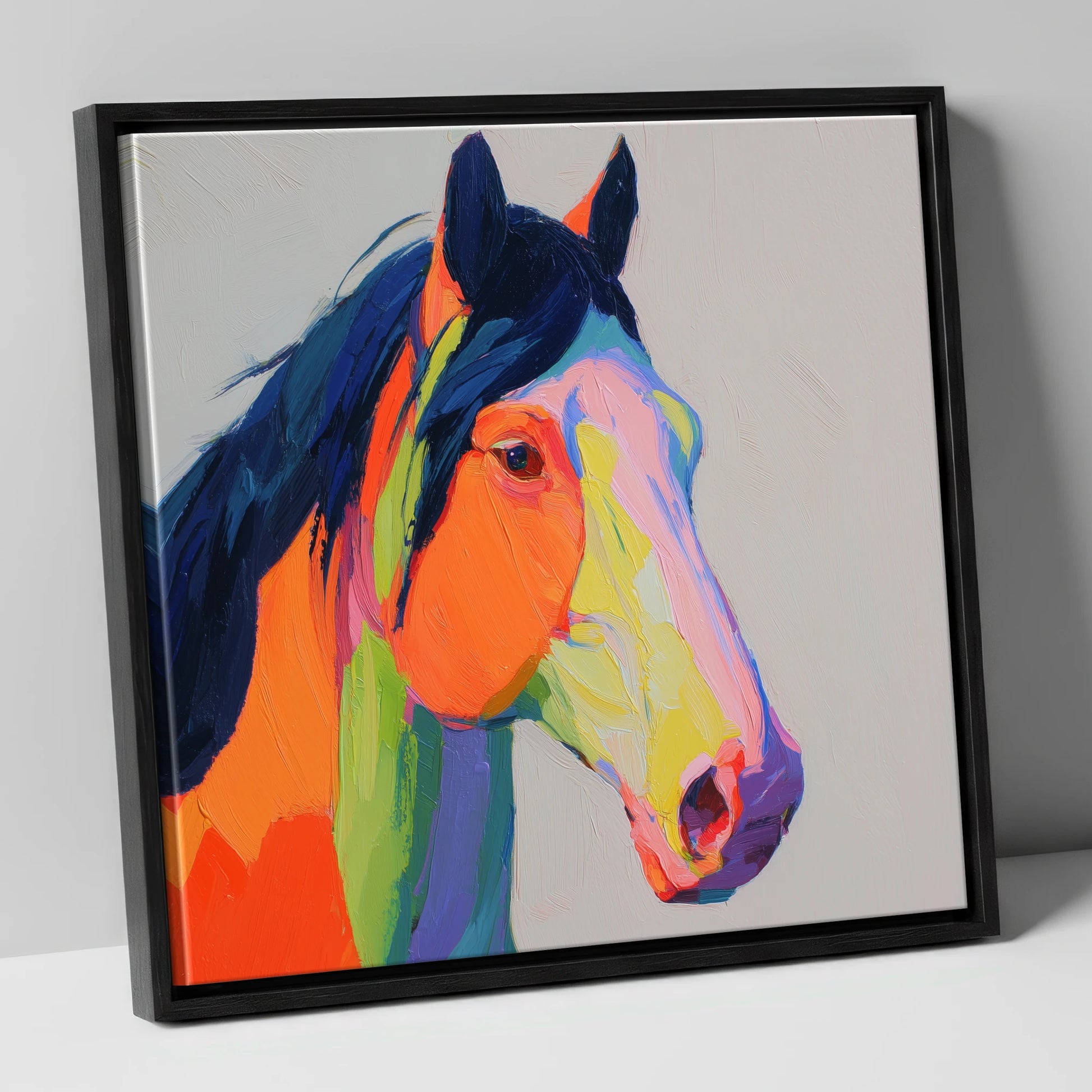 Technicolour Equine Profile horse portrait canvas wall art in black frame