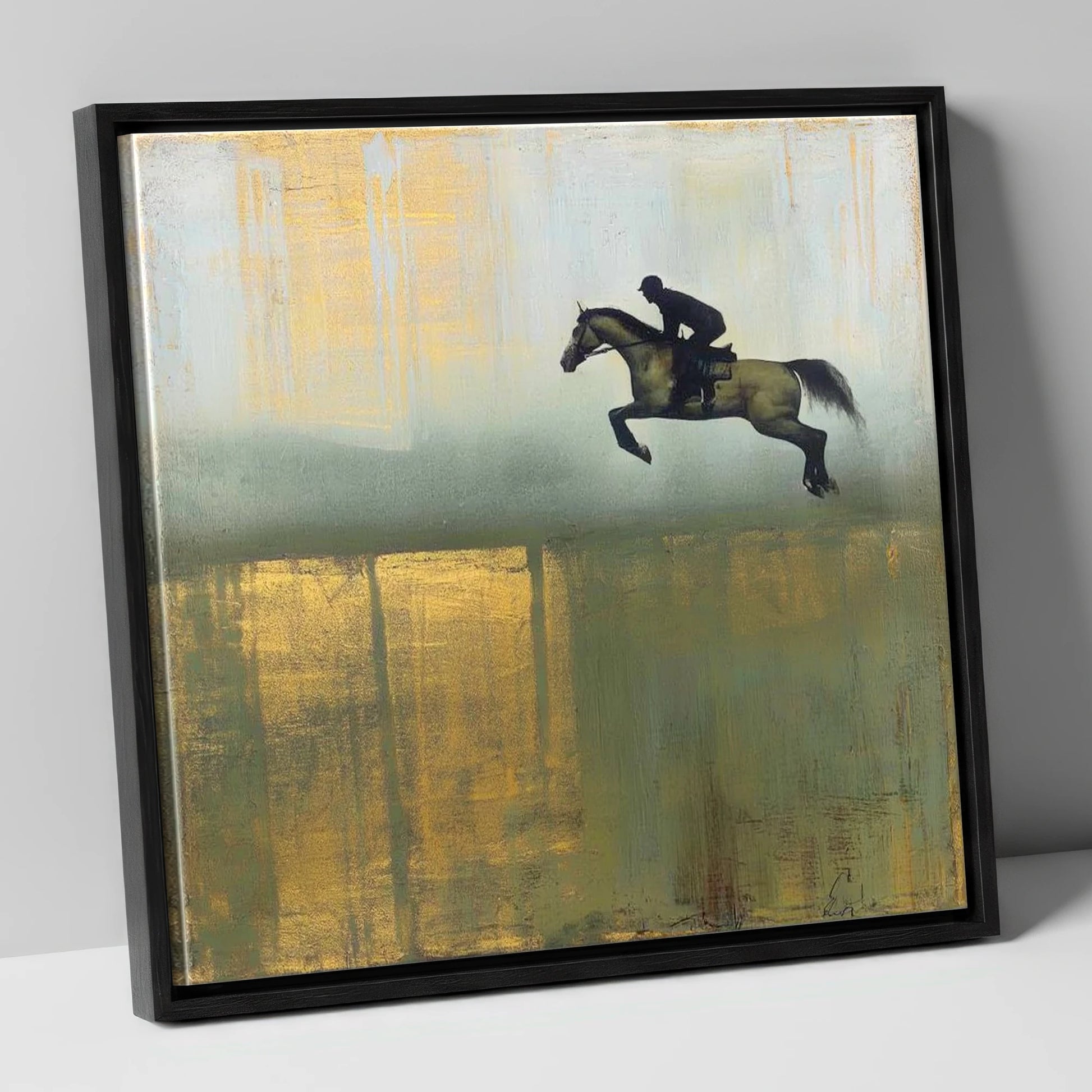 Gilded Suspension show jumping horse canvas wall art in black frame