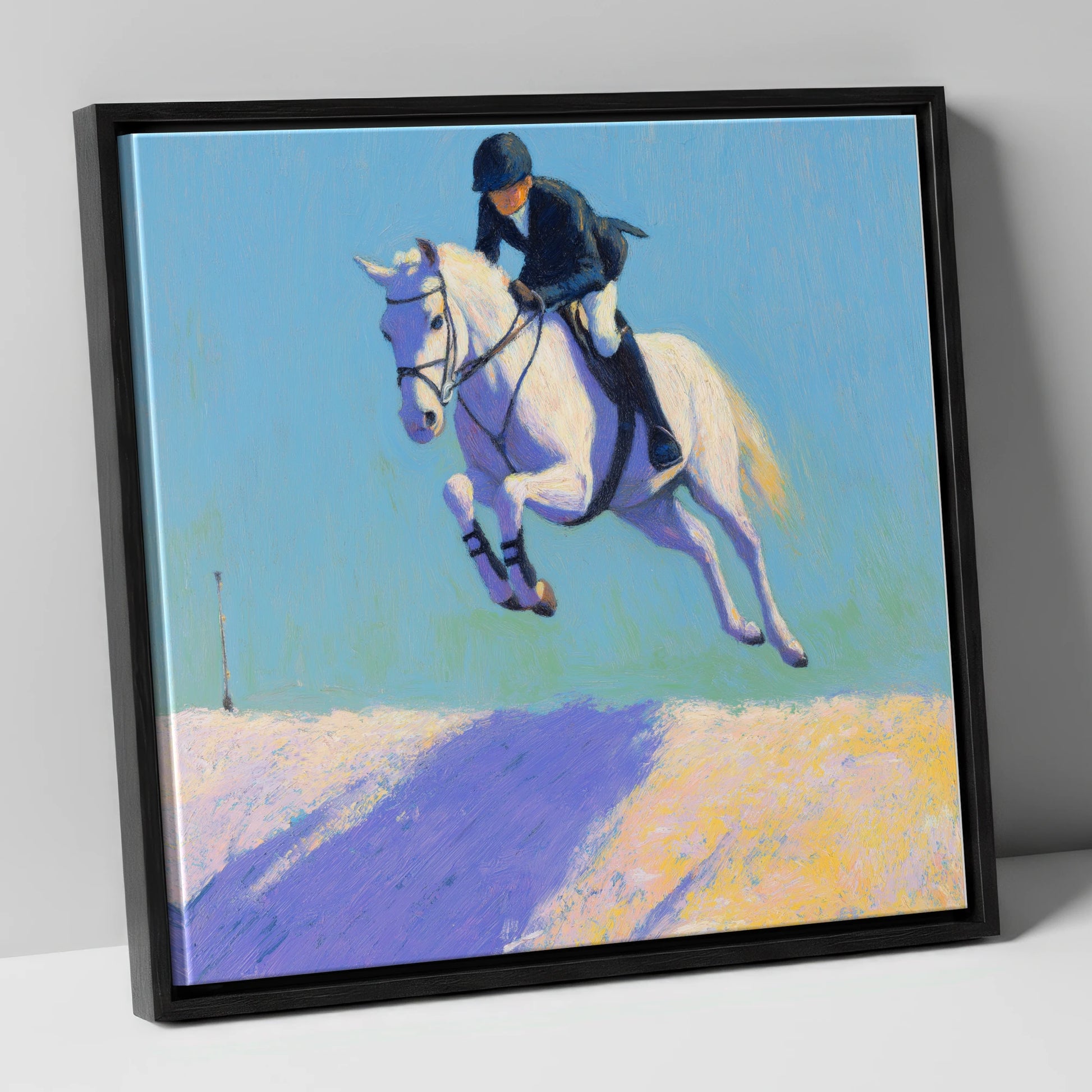 Airborne in Violet Light show jumping horse canvas wall art in black frame