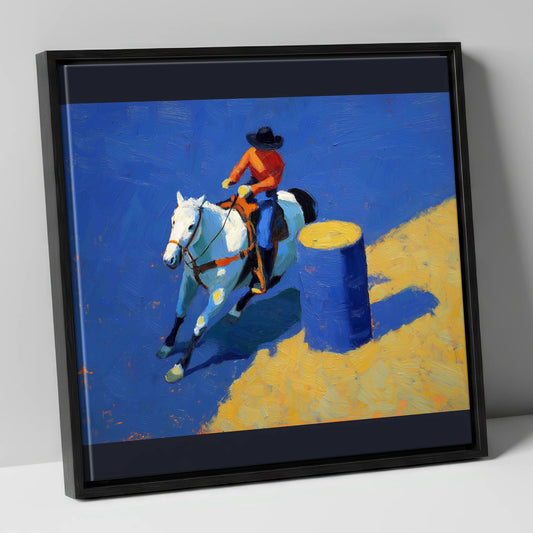 Blue Barrel Turn western horse canvas wall art in black frame