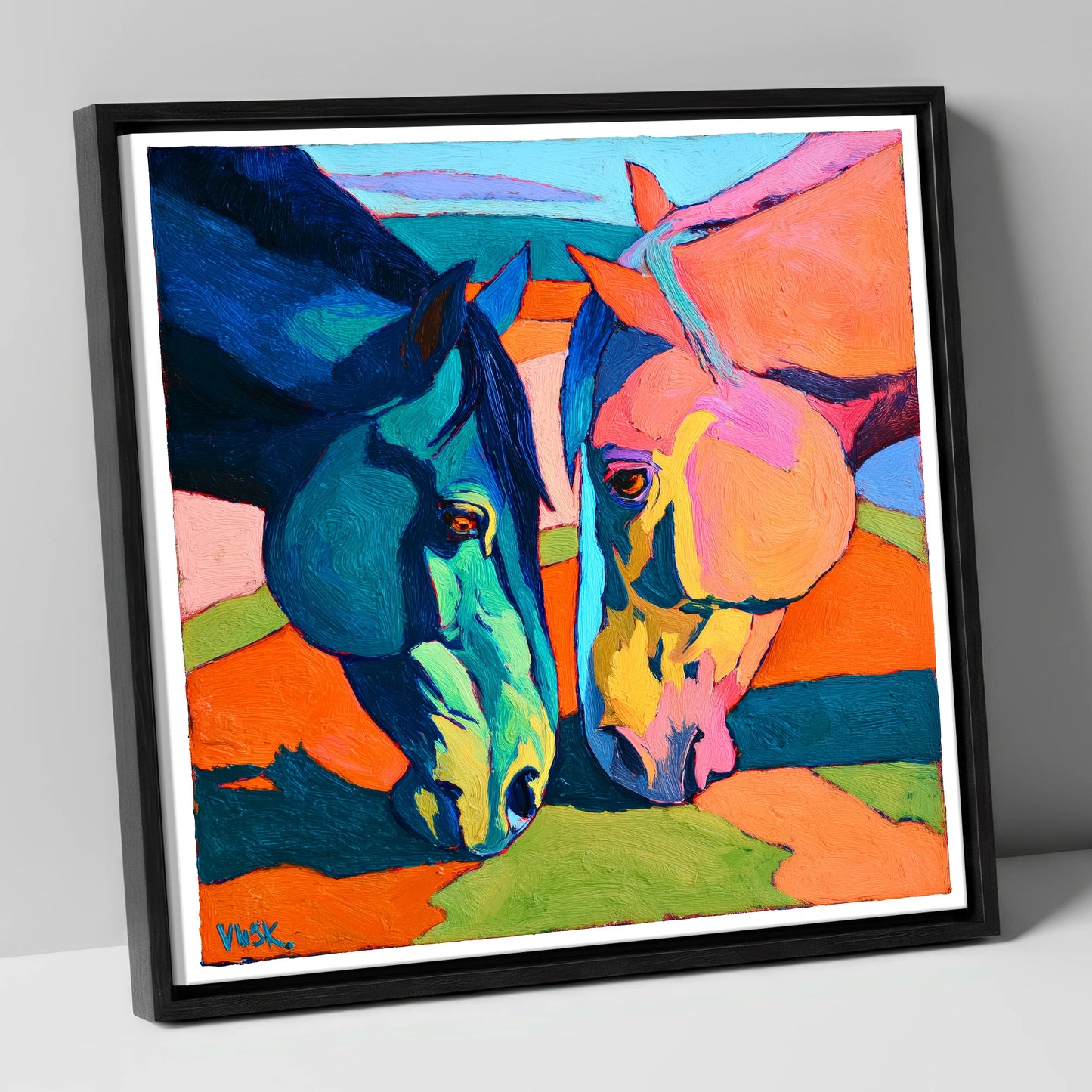Vibrant Companions horse portrait canvas wall art in black frame