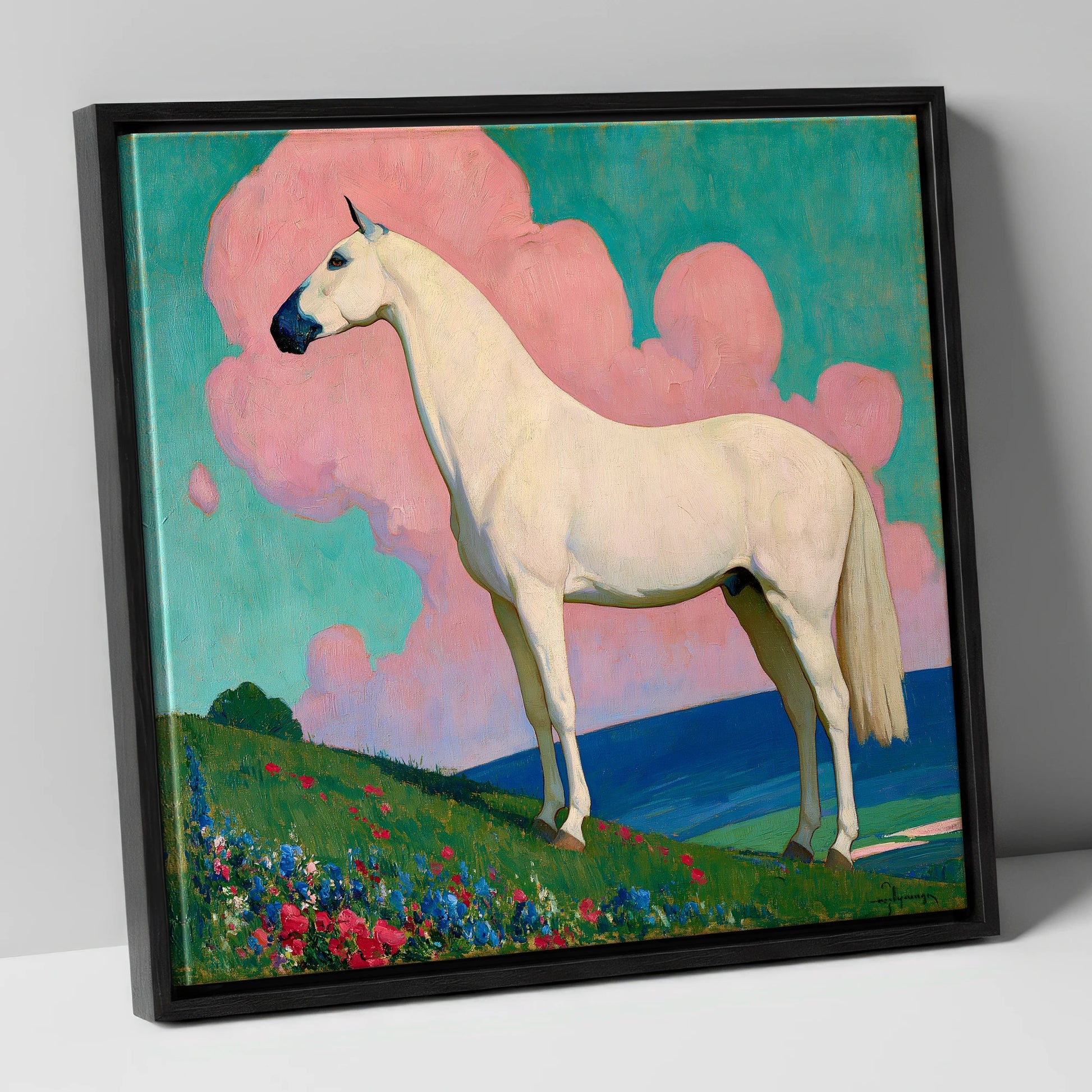 Ethereal White Horse horse art canvas wall art in black frame