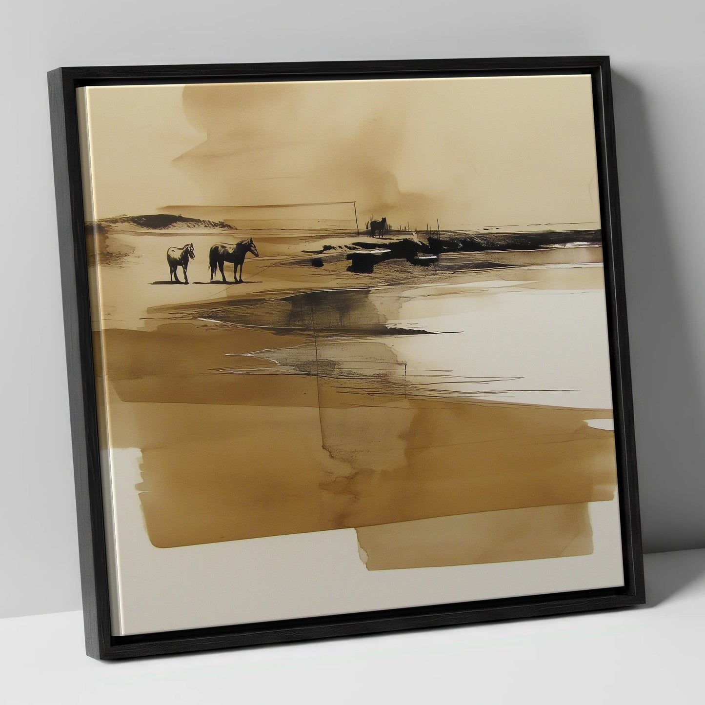 Sepia Shoreline Drift horse landscape canvas wall art in black frame