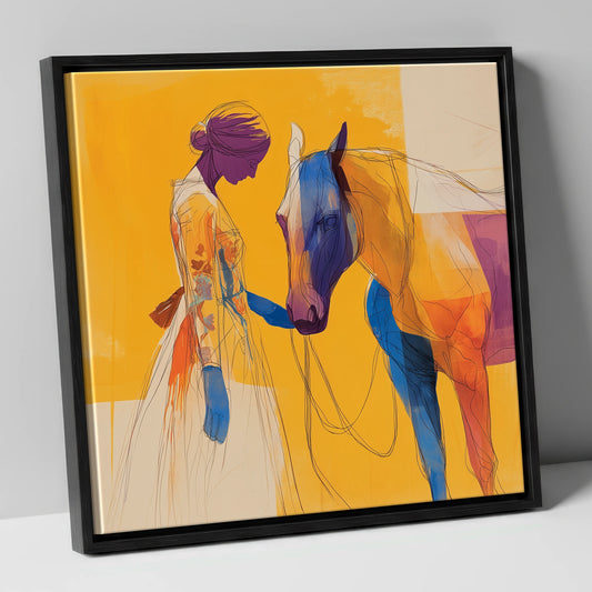 Abstract Woman and Horse in Yellow horse & rider canvas wall art in black frame