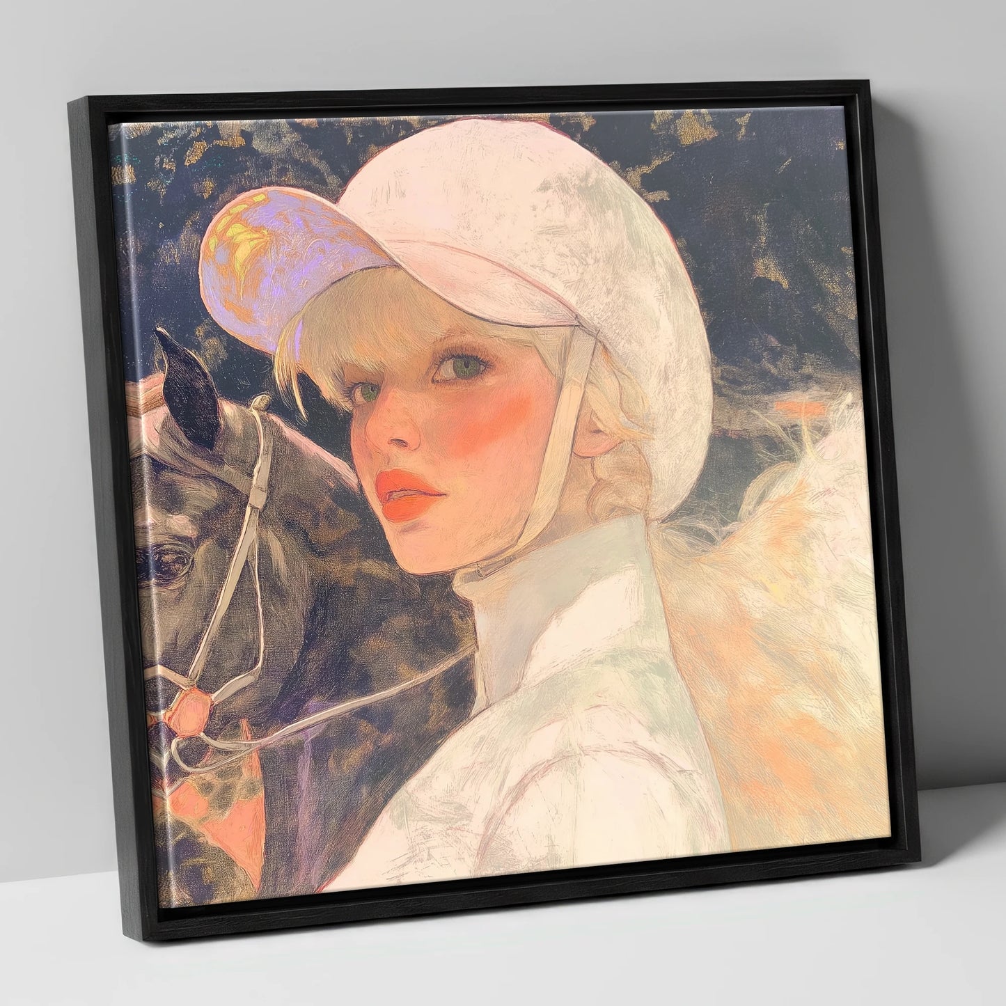 The Jockey's Gaze racing horse canvas wall art in black frame