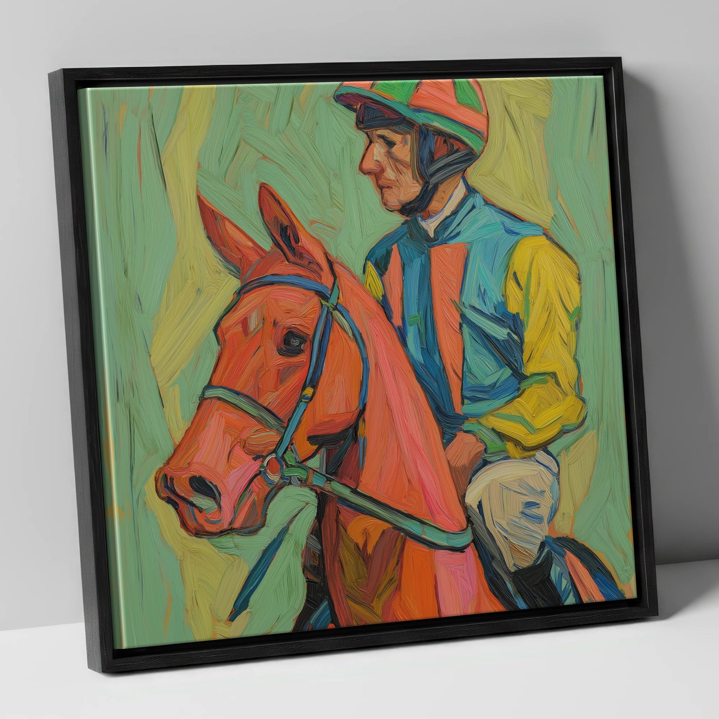 Colours of the Turf racing horse canvas wall art in black frame