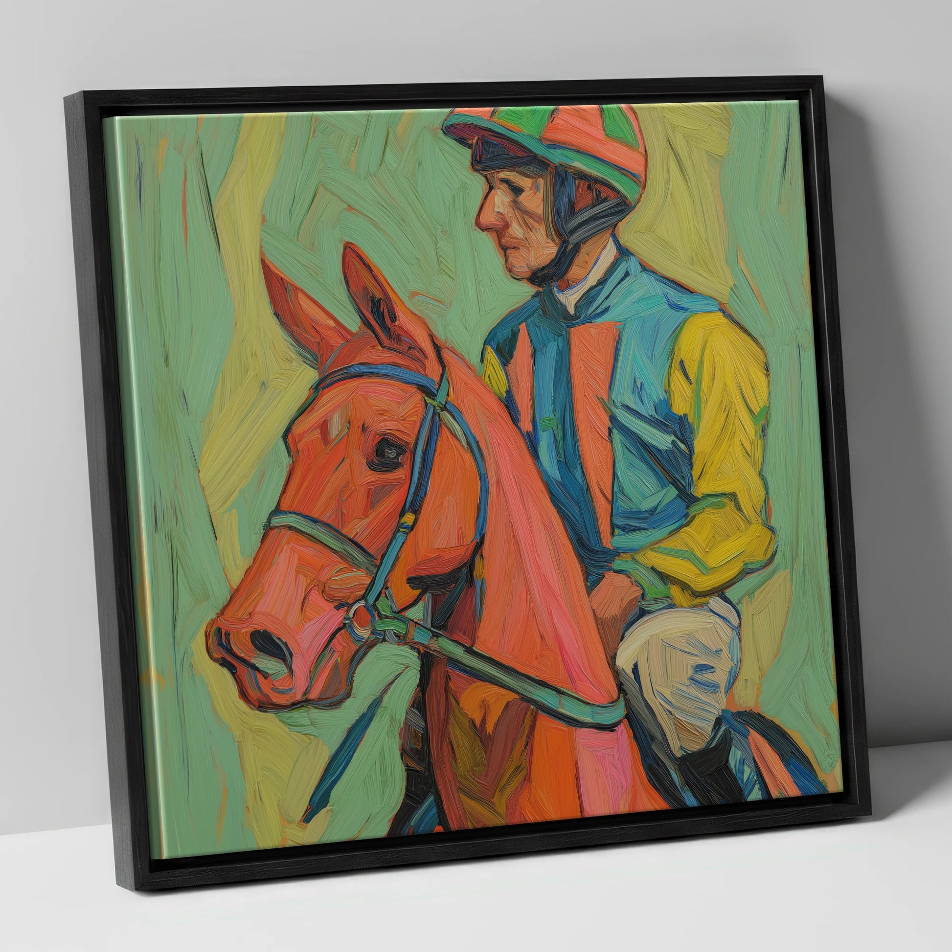 Colours of the Turf racing horse canvas wall art in black frame