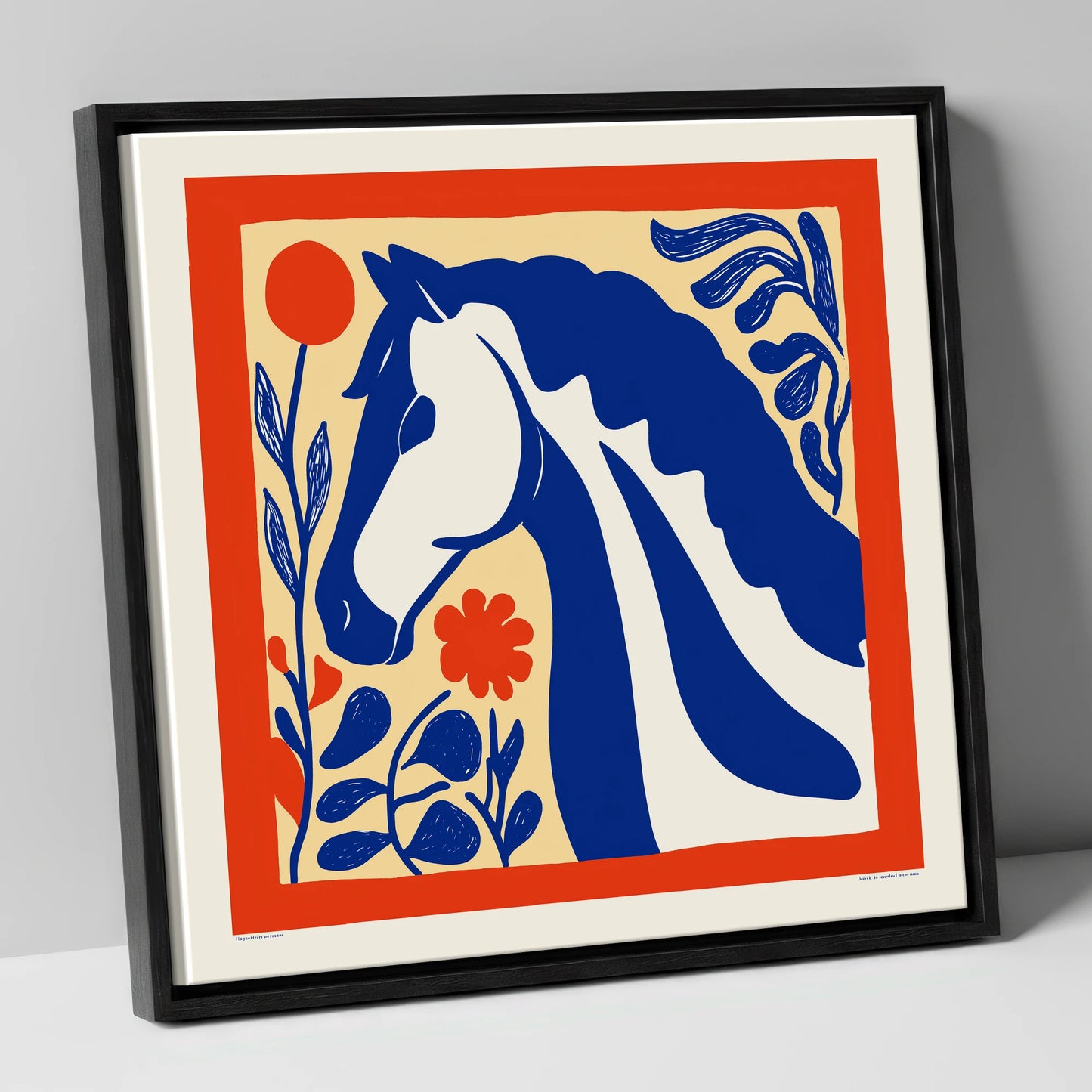 Cobalt Botanical Equine horse portrait canvas wall art in black frame