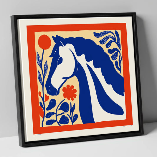 Cobalt Botanical Equine horse portrait canvas wall art in black frame
