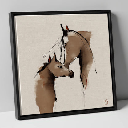 Silent Devotion mare & foal canvas wall art in black frame