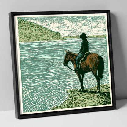 Watching the Tide beach horse canvas wall art in black frame
