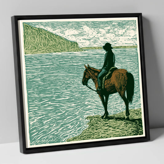 Watching the Tide beach horse canvas wall art in black frame