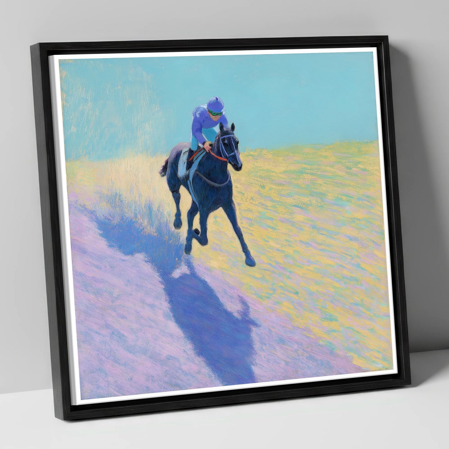 Pastel Morning Canter racing horse canvas wall art in black frame