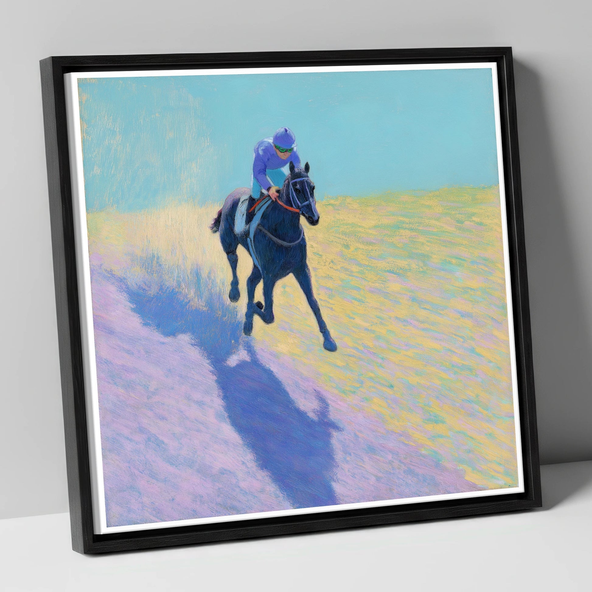 Pastel Morning Canter racing horse canvas wall art in black frame