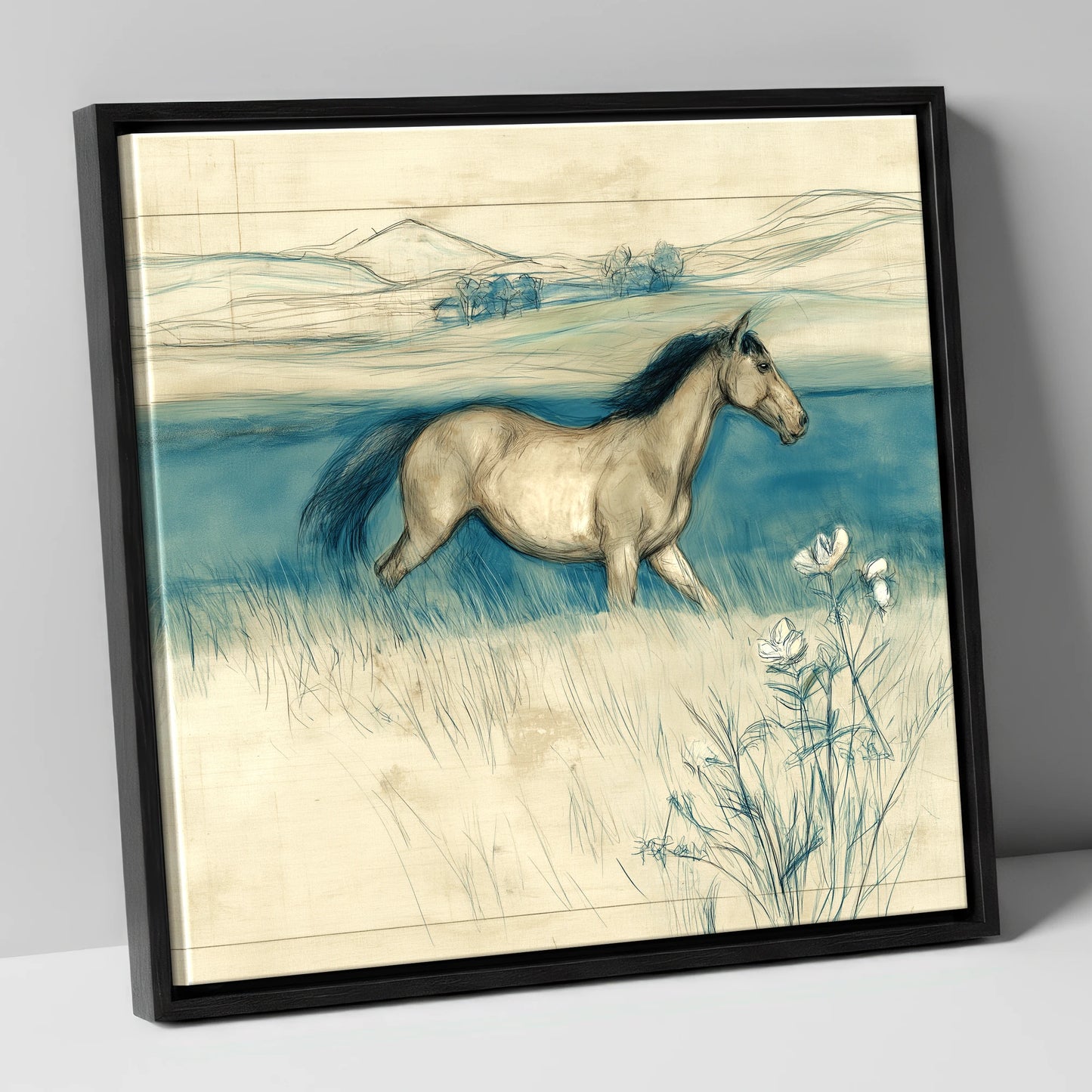 Teal Horizon Canter horse landscape canvas wall art in black frame