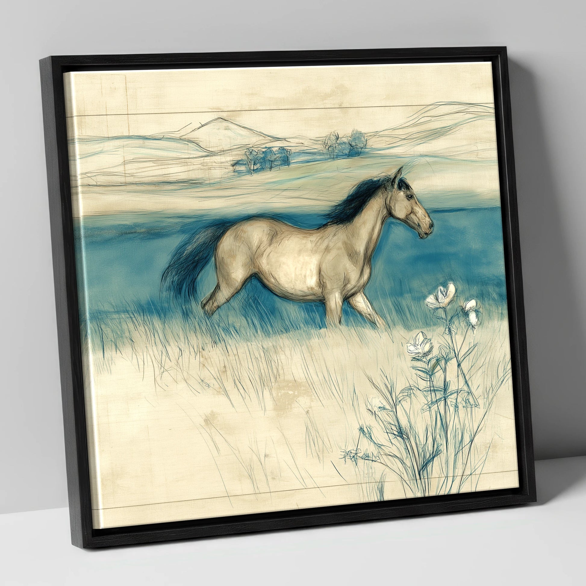 Teal Horizon Canter horse landscape canvas wall art in black frame
