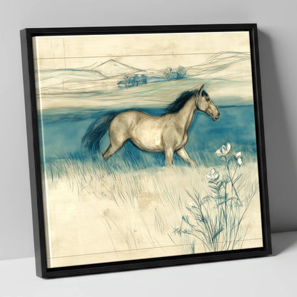 Teal Horizon Canter horse landscape canvas wall art in black frame