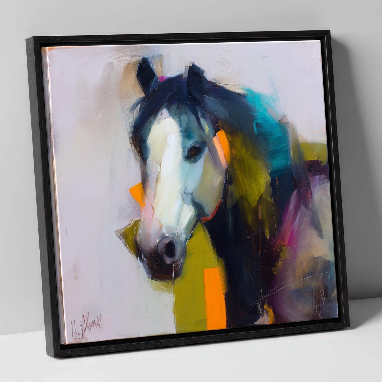 Contemporary Blaze Portrait horse portrait canvas wall art in black frame