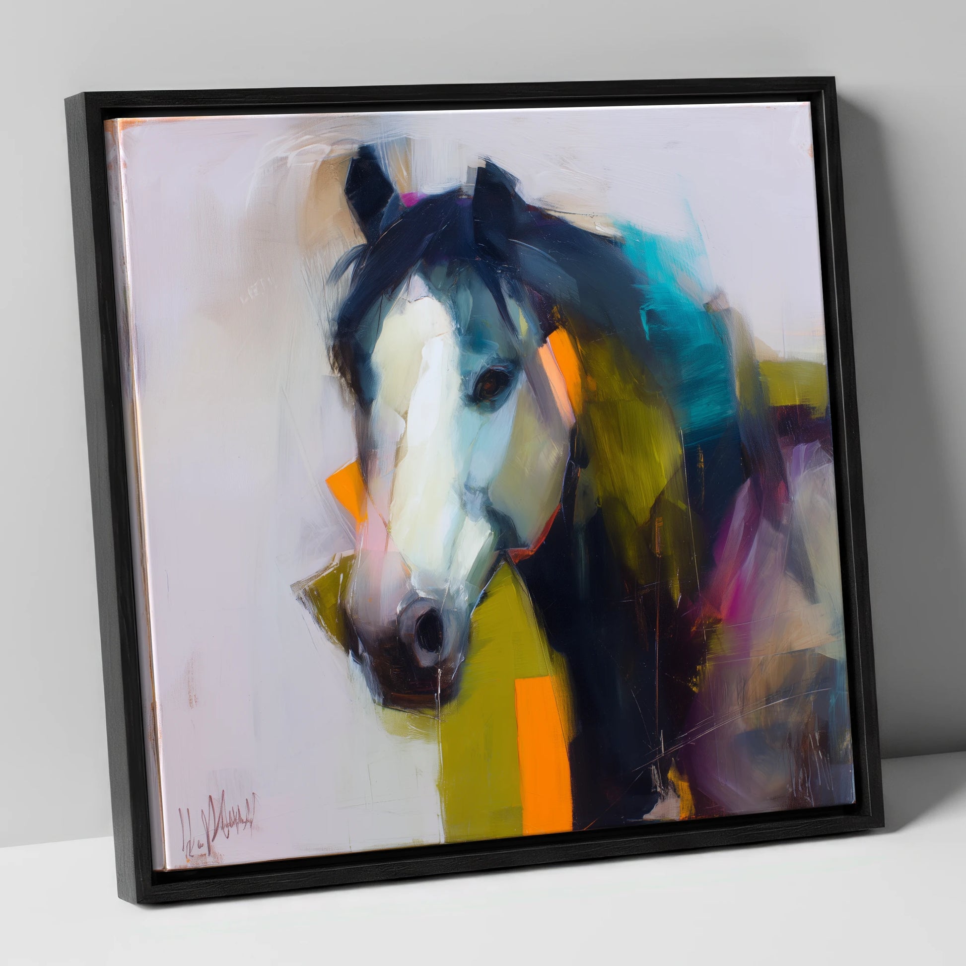 Contemporary Blaze Portrait horse portrait canvas wall art in black frame