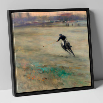 Twilight Chukka polo horse canvas wall art in black frame