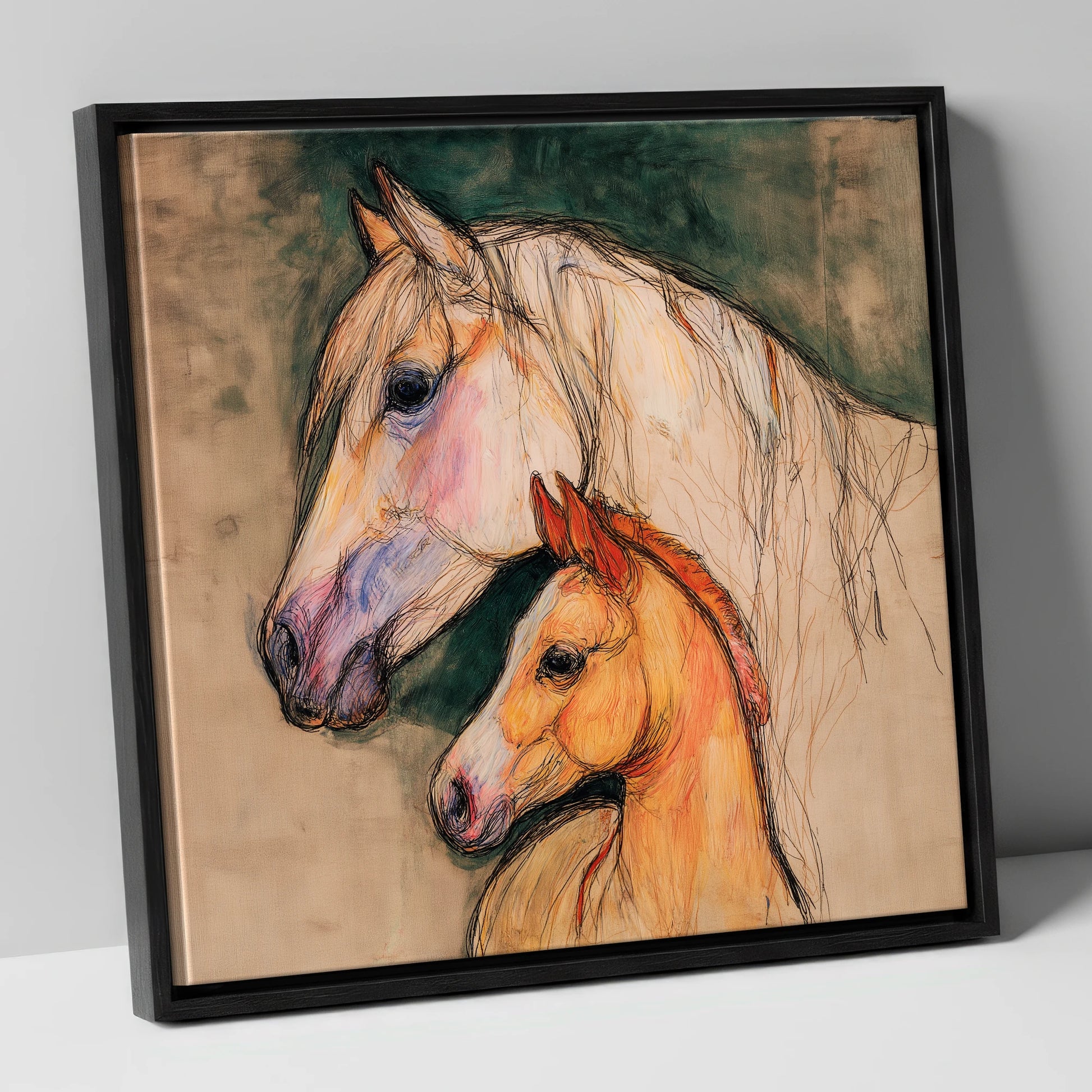 Quiet Devotion mare & foal canvas wall art in black frame