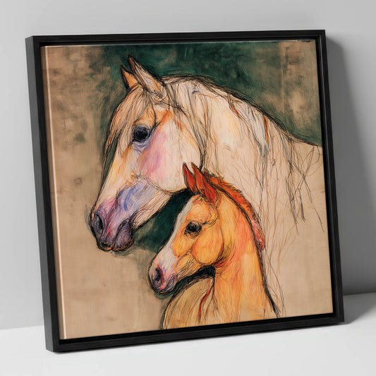 Quiet Devotion mare & foal canvas wall art in black frame