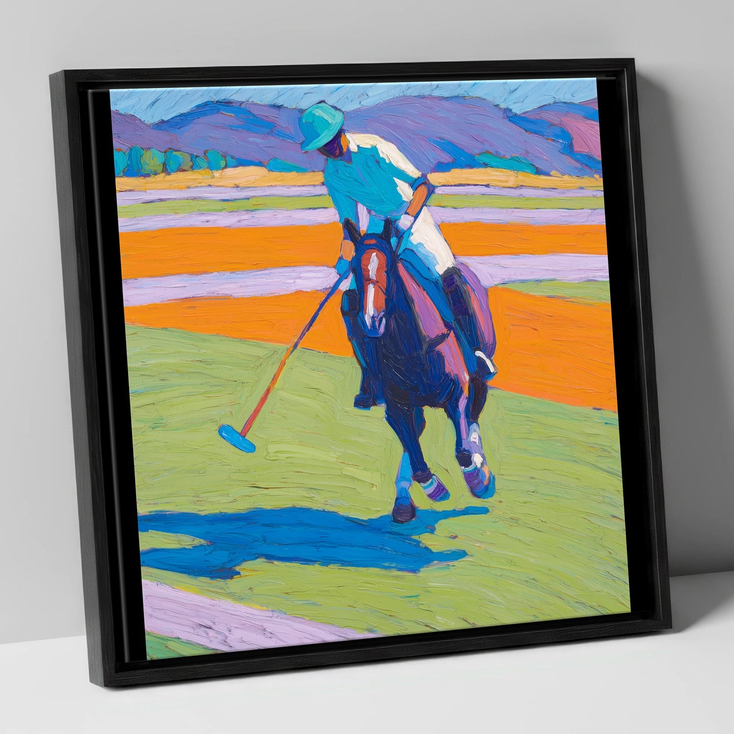 Vivid Chukka polo horse canvas wall art in black frame
