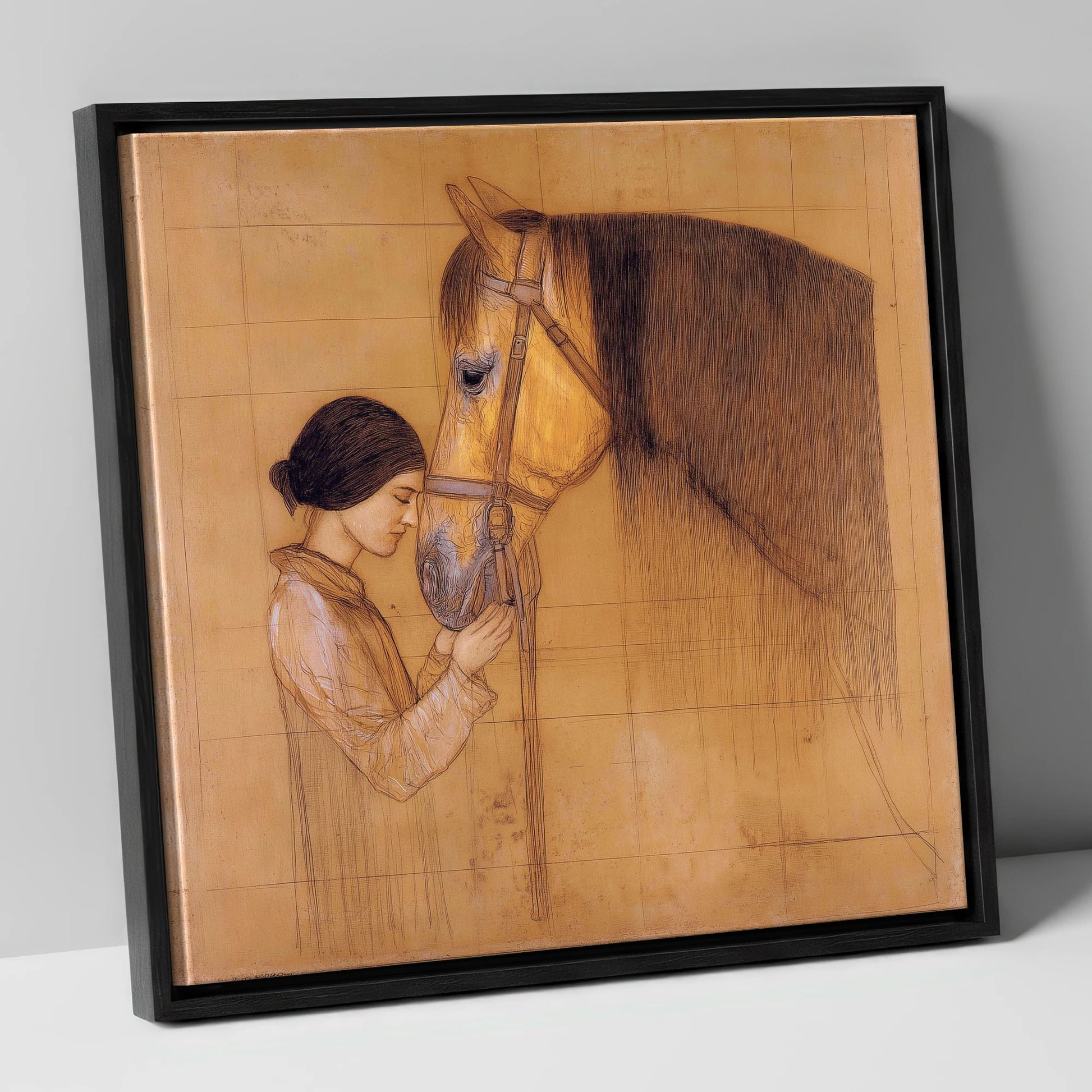 The Silent Bond horse & rider canvas wall art in black frame