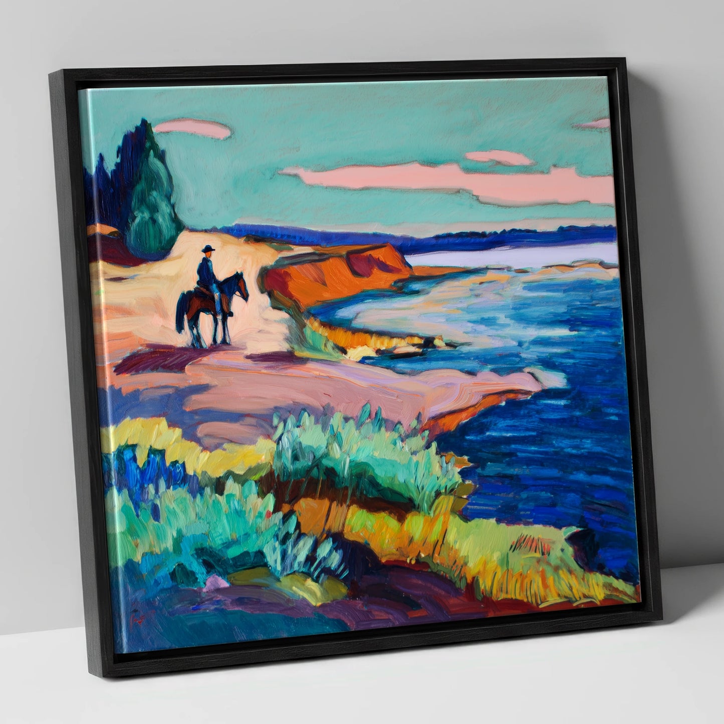 Vivid Coastal Hack beach horse canvas wall art in black frame