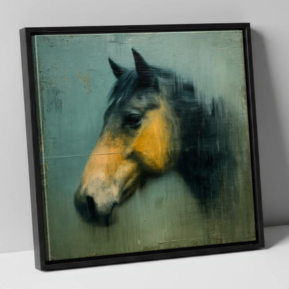 Teal and Ochre Profile horse portrait canvas wall art in black frame