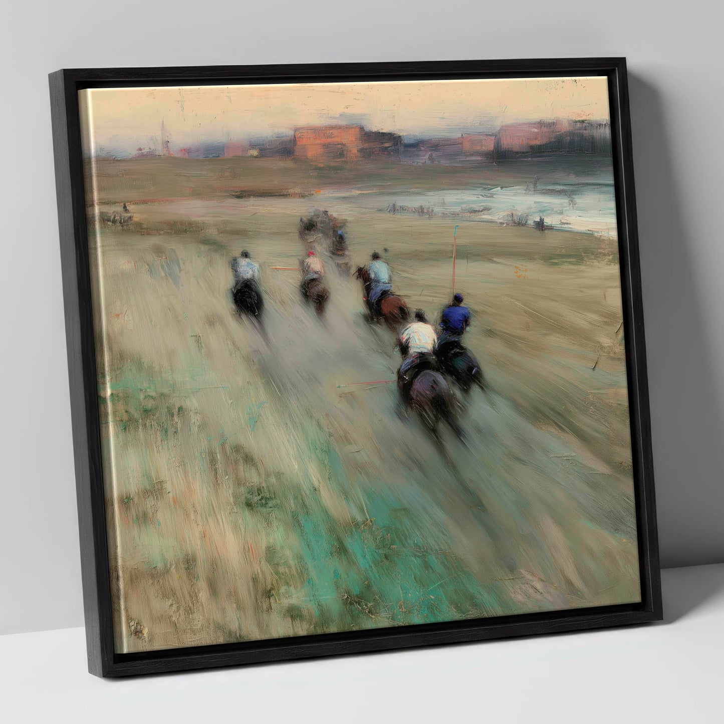 The Beach Chukka polo horse canvas wall art in black frame