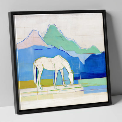 Abstract Azure Meadow horse landscape canvas wall art in black frame