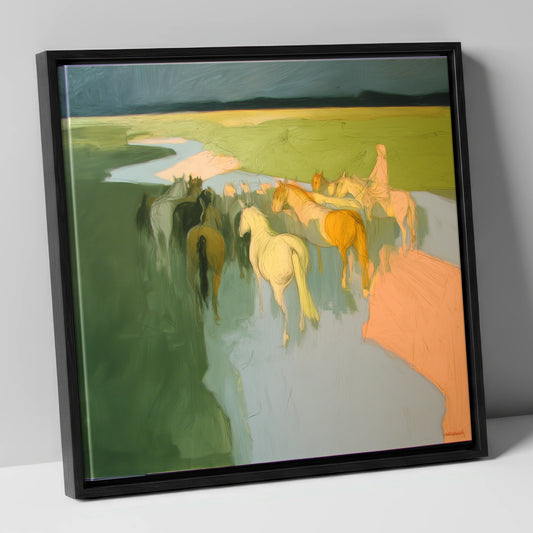 The River Crossing horse landscape canvas wall art in black frame
