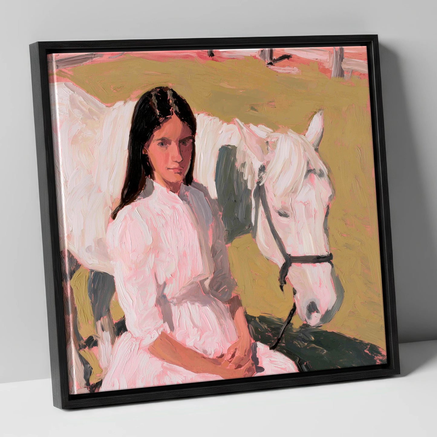 Pastel Companionship horse & rider canvas wall art in black frame