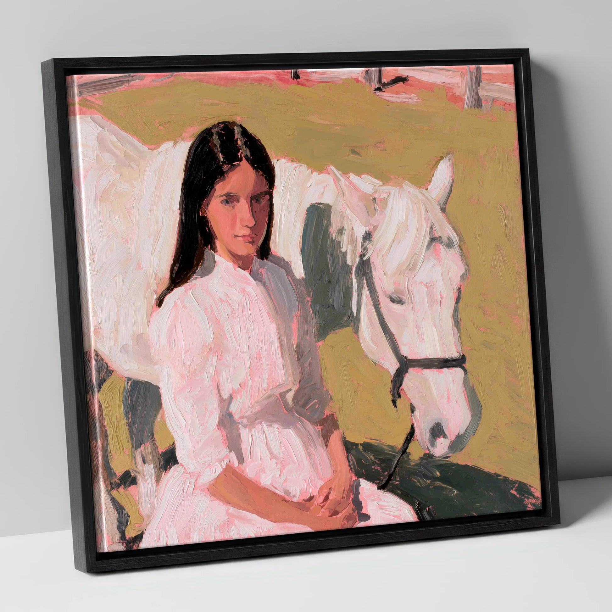 Pastel Companionship horse & rider canvas wall art in black frame