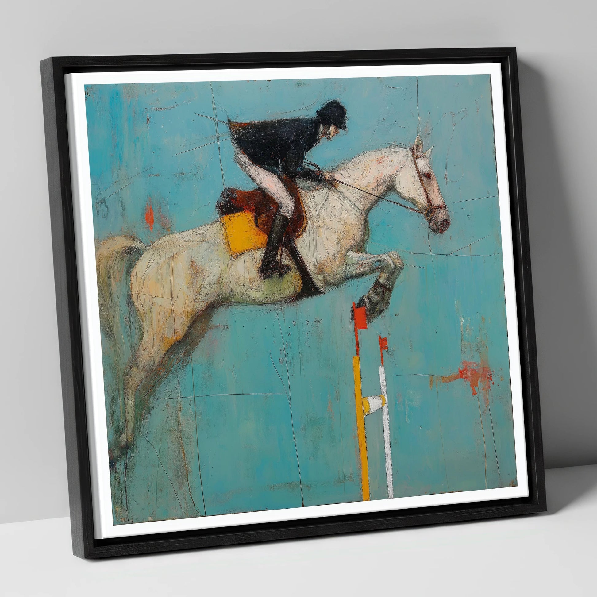 Airborne Over Teal show jumping horse canvas wall art in black frame