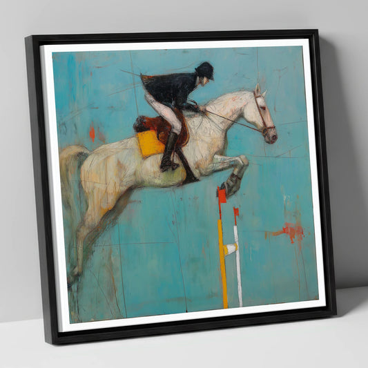 Airborne Over Teal show jumping horse canvas wall art in black frame