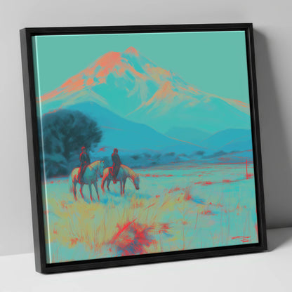 Electric Mountain Hack horse landscape canvas wall art in black frame