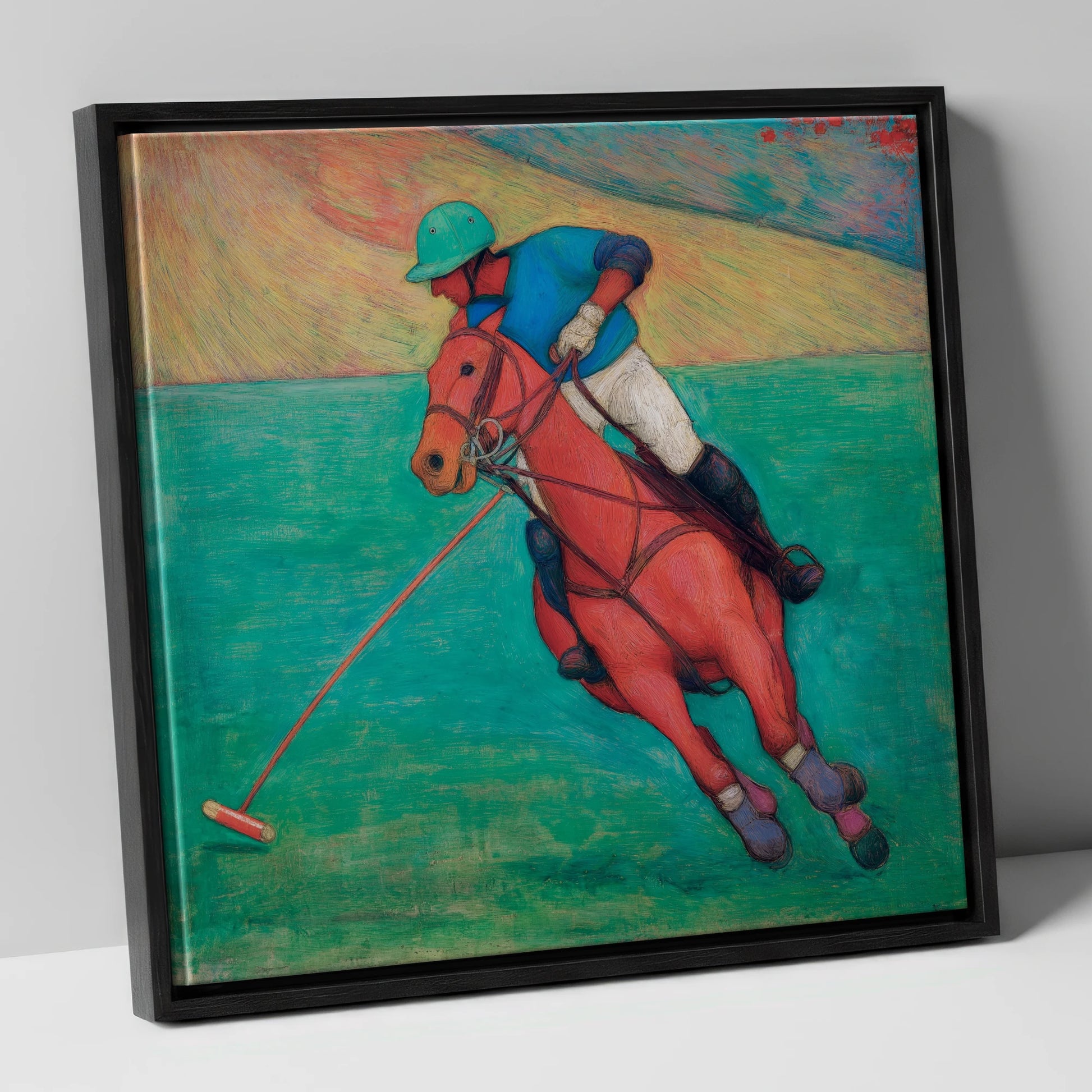 The Crimson Chukka polo horse canvas wall art in black frame
