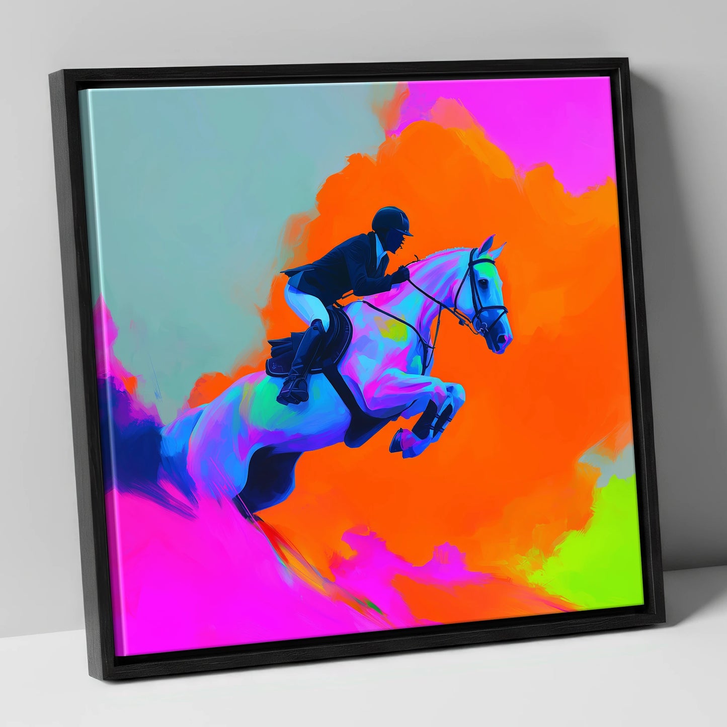 Vivid Showjumping Flight show jumping horse canvas wall art in black frame