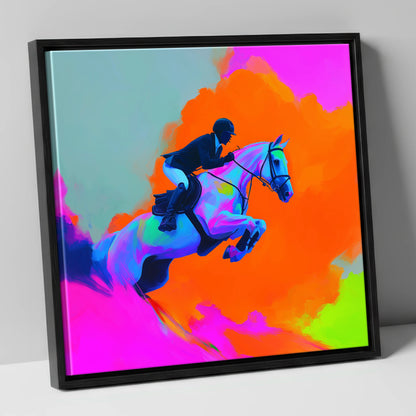 Vivid Showjumping Flight show jumping horse canvas wall art in black frame