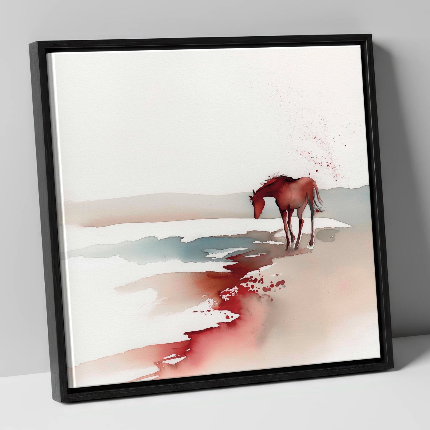 Crimson Waterside Solitude horse landscape canvas wall art in black frame