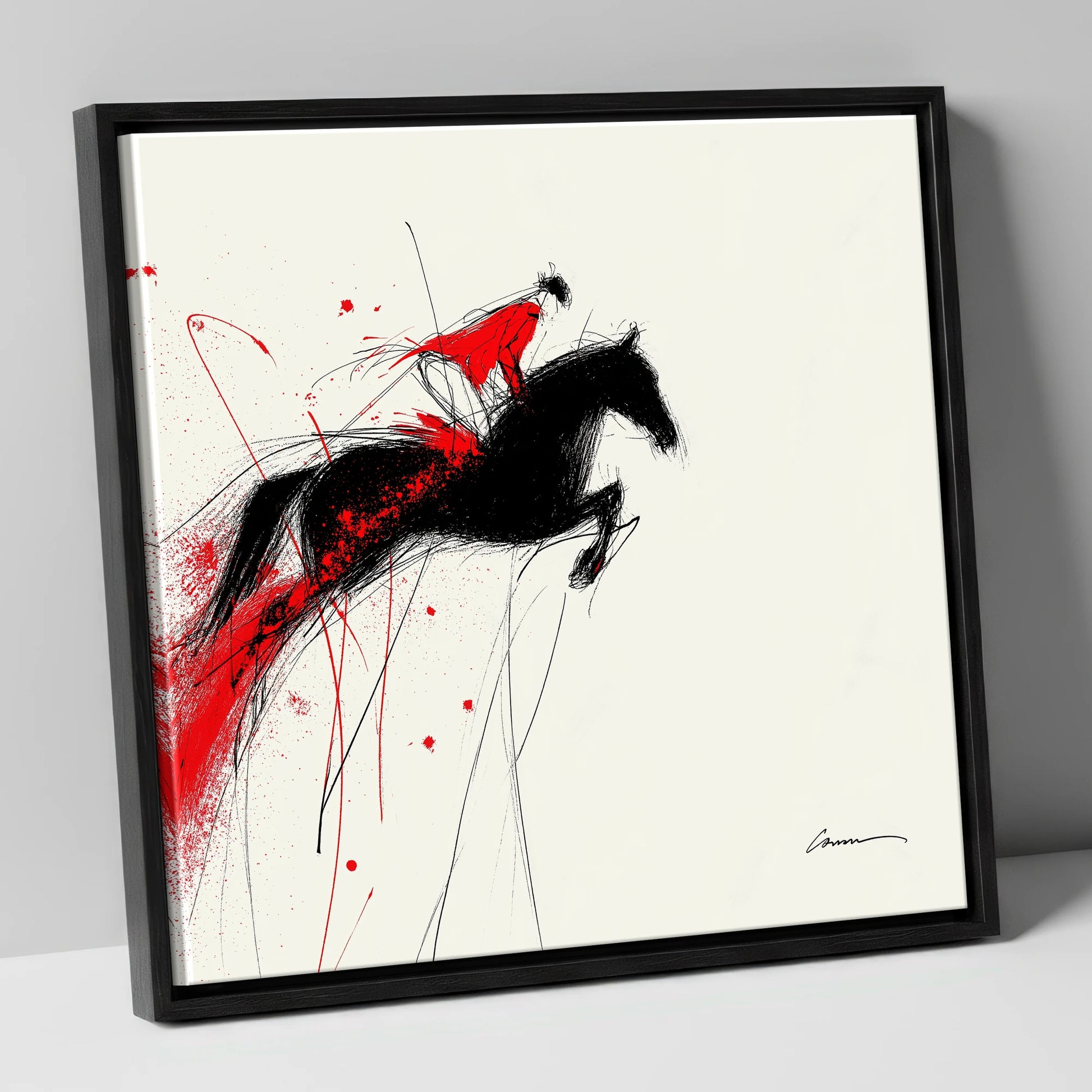 Crimson Flight show jumping horse canvas wall art in black frame